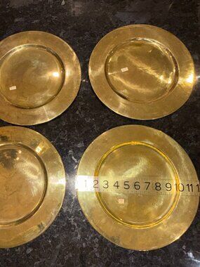 4pc Vtg Mid Century Solid Brass Dinner Charger Plates 12” Unpolished Patina NOS